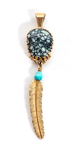 A Navajo Turquoise and 14 Karat Yellow Gold Pendant, Boyd Tsosie (b. 1956) Length 2 1/2 inches.