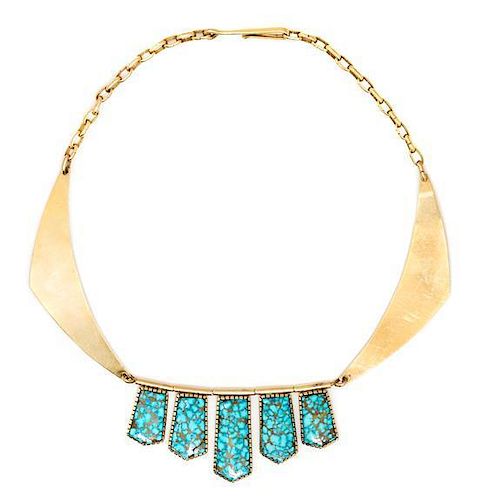 A Navajo 14 Karat Yellow Gold and Turquoise Necklace, Don Johnson (20th Century) Length 15 inches.