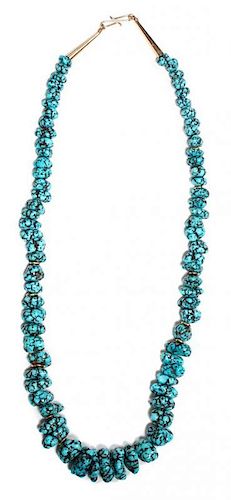 A 14 Karat Yellow Gold and Turquoise Bead Necklace, Larry Golsh (b. 1942) Length 26 inches.