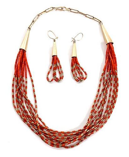 A Southwestern Style Coral and 14 Karat Yellow Gold Necklace and Matching Earrings, Ed Aguilar (20th Century) Length of neckl