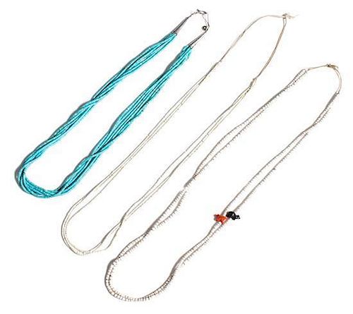 Three Southwestern Turquoise and Shell Heishi Necklaces Length of longest 29 inches.