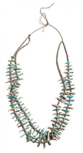 A Zuni Two-Strand Turquoise and Shell Bird Fetish Necklace Length 25 inches.