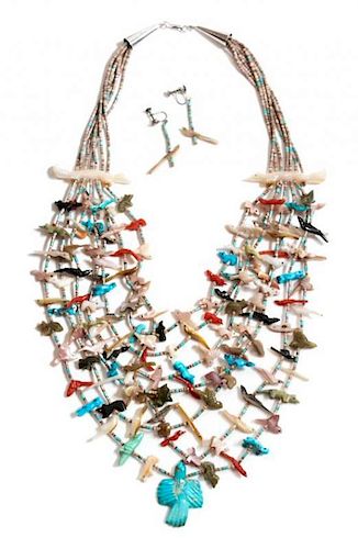 A Zuni Seven-Strand Animal Fetish Necklace and Earrings, Attributed to Ellen Quandelacy (1924-2002) Length 21 inches.