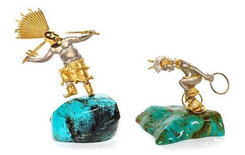 Two Miniature Zuni Silver, Turquoise and 14 Karat Yellow Gold Plated Figurines, Mikael Redman (b. 1941) Height of the first 2