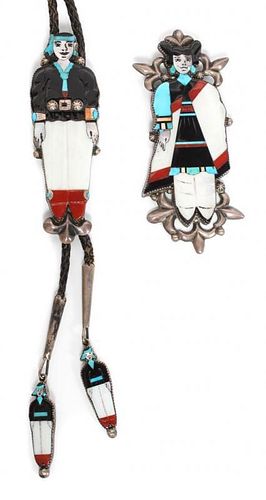 A Zuni Multi-Stone Inlay Figural Brooch and Bolo Height of first 4 5/8 inches.