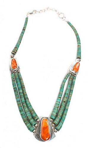 A Kewa Turquoise and Spiny Oyster Necklace, Ellouise Padilla (21st Century) Length 19 inches.