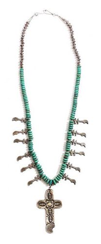 A Silver and Turquoise Crosses of Lorraine Necklace