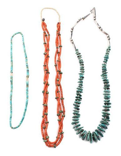 Two Southwestern Necklaces and Earrings Length of first 23 inches.
