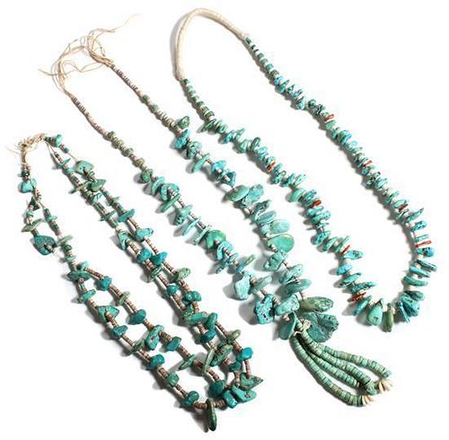 Three Southwestern Turquoise Nugget and Heishi Bead Necklaces Length of longest 27 inches.
