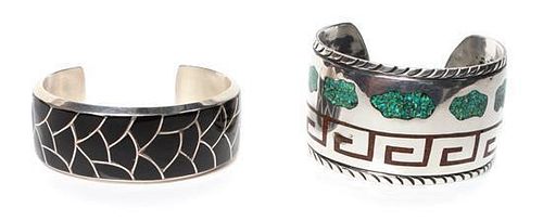 Two Southwestern Flush Inlay Bracelets Length of first 5 x opening 1/8 x width 7/8 inches.