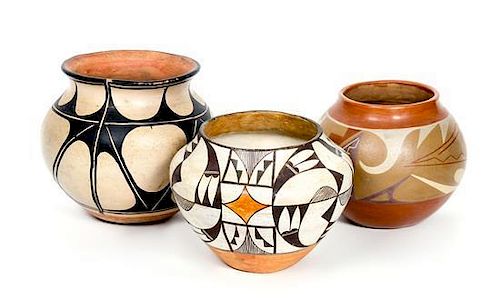 Three Pueblo Pottery Jars Height of largest 7 5/8 x width 7 1/2 inches.