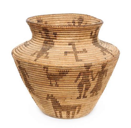 A Tohono O'odham Pictorial Basketry Olla Height 13 x width 14 inches.