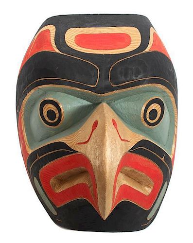 A Nuu-chah-nulth Carved Wood Wren Mask, Tom Patterson Height of first 11 1/2 x width 9 1/8 x depth 7 7/8 inches.