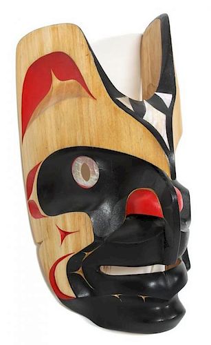 A Northwest Coast Carved Wood Bookwus Mask, Ed Noisecat Height 12 inches.
