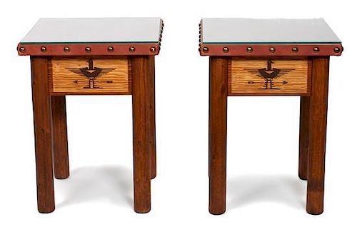 A Pair of Molesworth Style Thunderbird Side Tables Height 24 3/4 x length 18 x depth 18 inches.