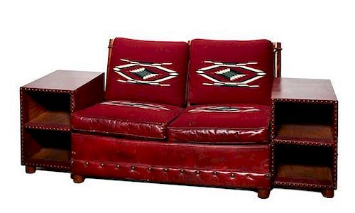 Thomas C. Molesworth (1890-1977), Leather and Chimayo Upholstered Loveseat Height 32 x length 79 x depth 36 inches.
