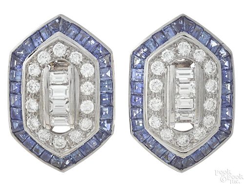Platinum, sapphire, and diamond earrings
