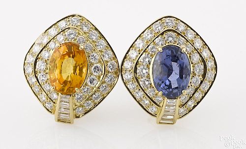 18K yellow gold, diamond, and sapphire earrings