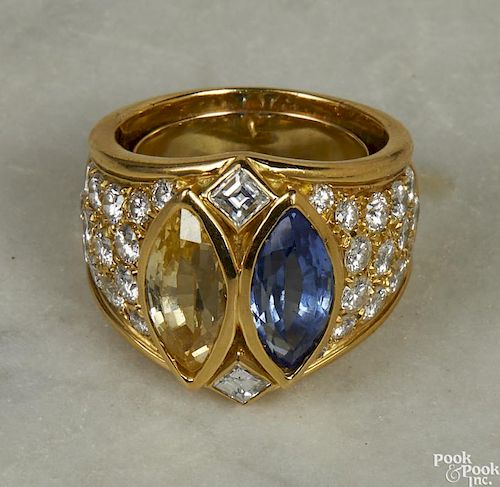 18K yellow gold, sapphire, and diamond ring, with