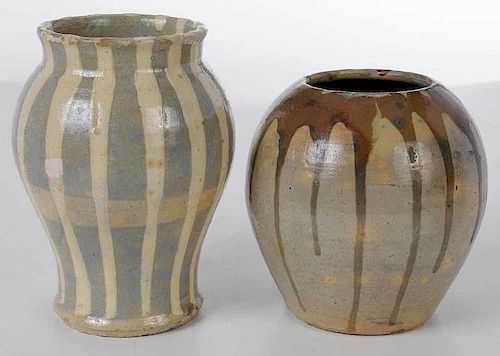 Two Log Cabin Pottery Vases