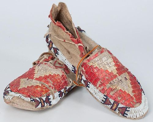 Sioux Beaded and Quilled Hide Moccasins