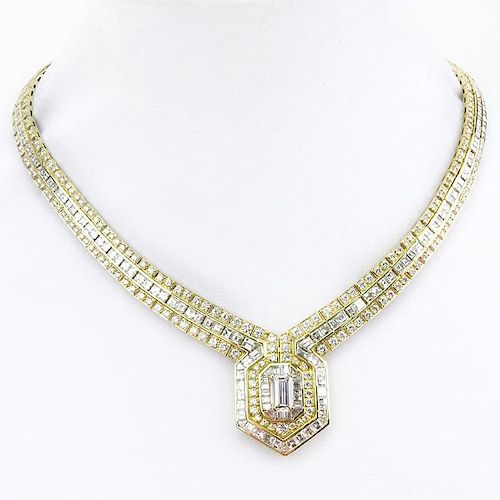 Stunning 31.22 Carat TW Emerald Cut, Round Brilliant Cut and Princess Cut Diamond and 18 Karat Yellow Gold Pendant Necklace.
