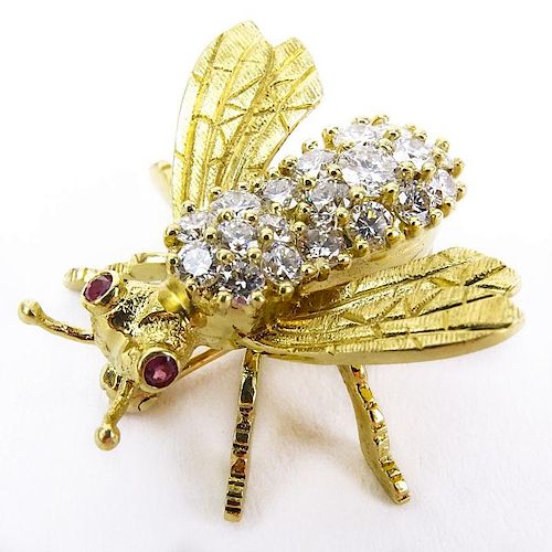 Vintage Approx. 1.0 Carat Round Brilliant Cut Diamond and 18 Karat Yellow Gold Bee Brooch accented with Ruby Eyes.