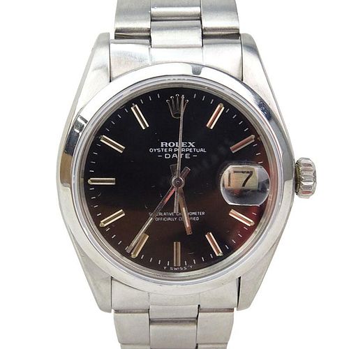 Vintage Rolex Date Stainless Steel Oyster Bracelet Watch with Black Dial, 34mm Case.