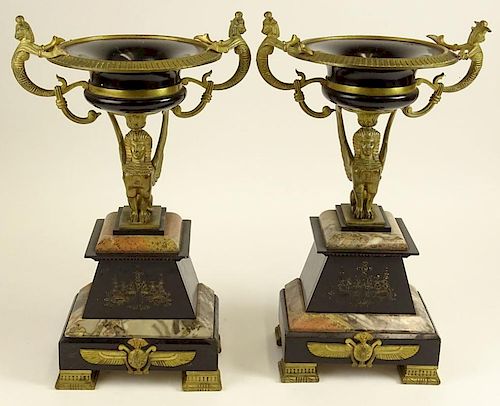 Egyptian Revival Two (2) Piece Bronze, Marble and Onyx Garniture Set.
