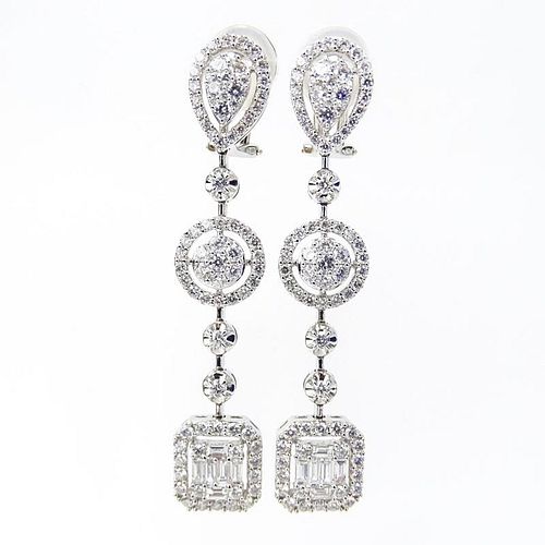 Approx. 4.0 Carat Round Brilliant and Baguette Cut Diamond and 18 Karat White Gold Chandelier Earrings.