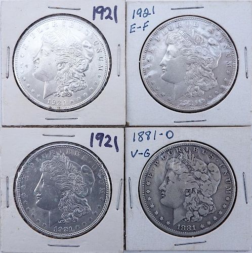Collection of Four (4) Morgan Silver Dollars in Sleeves.
