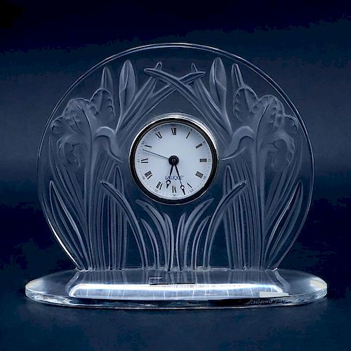 Lalique Iris Crystal Clock. Signed lower and has original sticker labels.