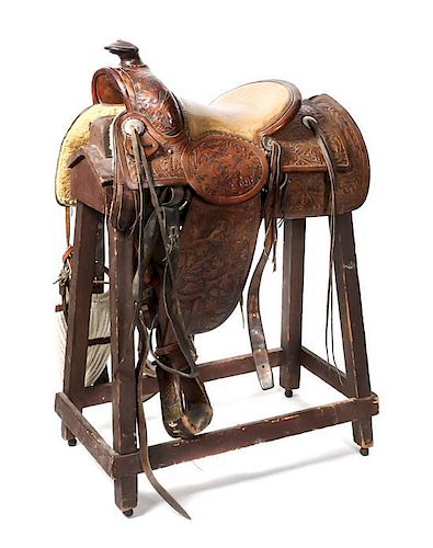 A Tooled Brown Leather Western Saddle Seat 13 3/4 inches.