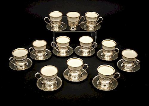 Sterling demitasse cups and saucers, Lenox inserts