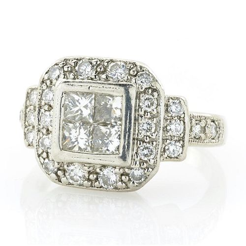 Platinum and square-cut diamond ring.