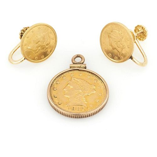 U.S. gold coin earring and pendant lot.