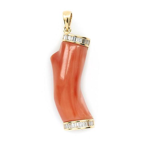 14k Yellow gold, coral and diamond pendant.
