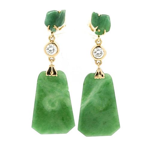 14K Yellow gold, jade and diamond earrings.