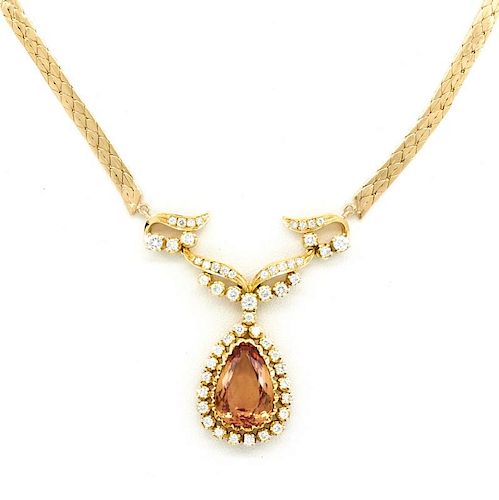 14k Yellow gold, imperial topaz and diamond necklace.
