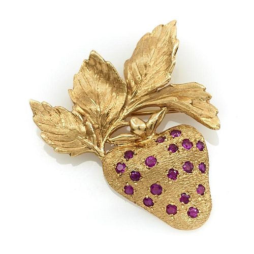 14k Yellow gold and ruby strawberry brooch.