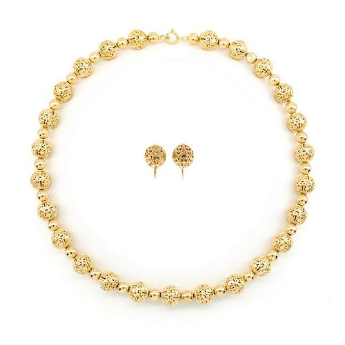 14k Yellow gold filigree bead necklace and earrings.
