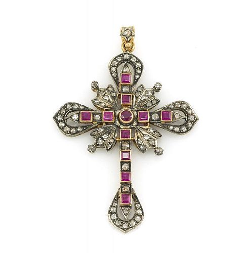 18k and silver, ruby and diamond cross.