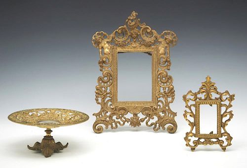 2 Gilt bronze frames and a compote