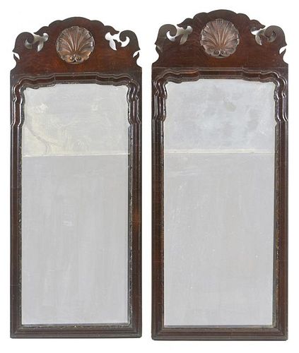 Pair of 19th c Queen Anne mahogany parcel gilt mirrors