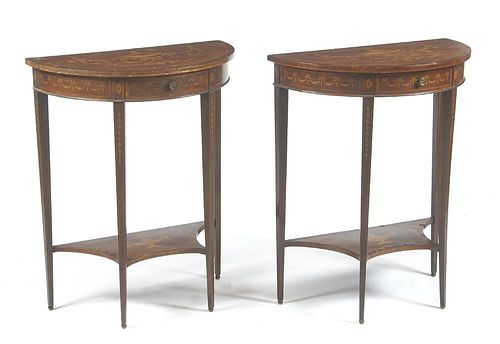 Early 20th c pair of demilune marquetry inlaid side tables