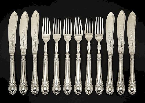 Set of sterling flatware: 6 forks, 6 knives