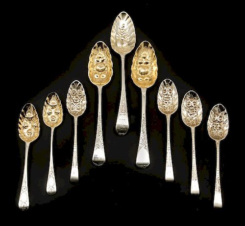 9 Sterling fancy berry spoons, 1792 to 1890