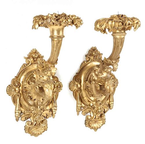 Pair 19th Continental giltwood candle sconces, 24"t