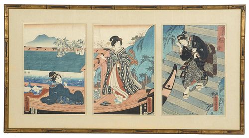 Utagawa Kunisada), "Hazy Spring Day", woodblock triptych