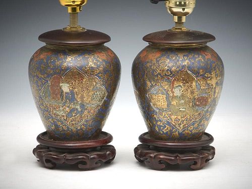 Pair of Chinese lacquered bronze vase lamps